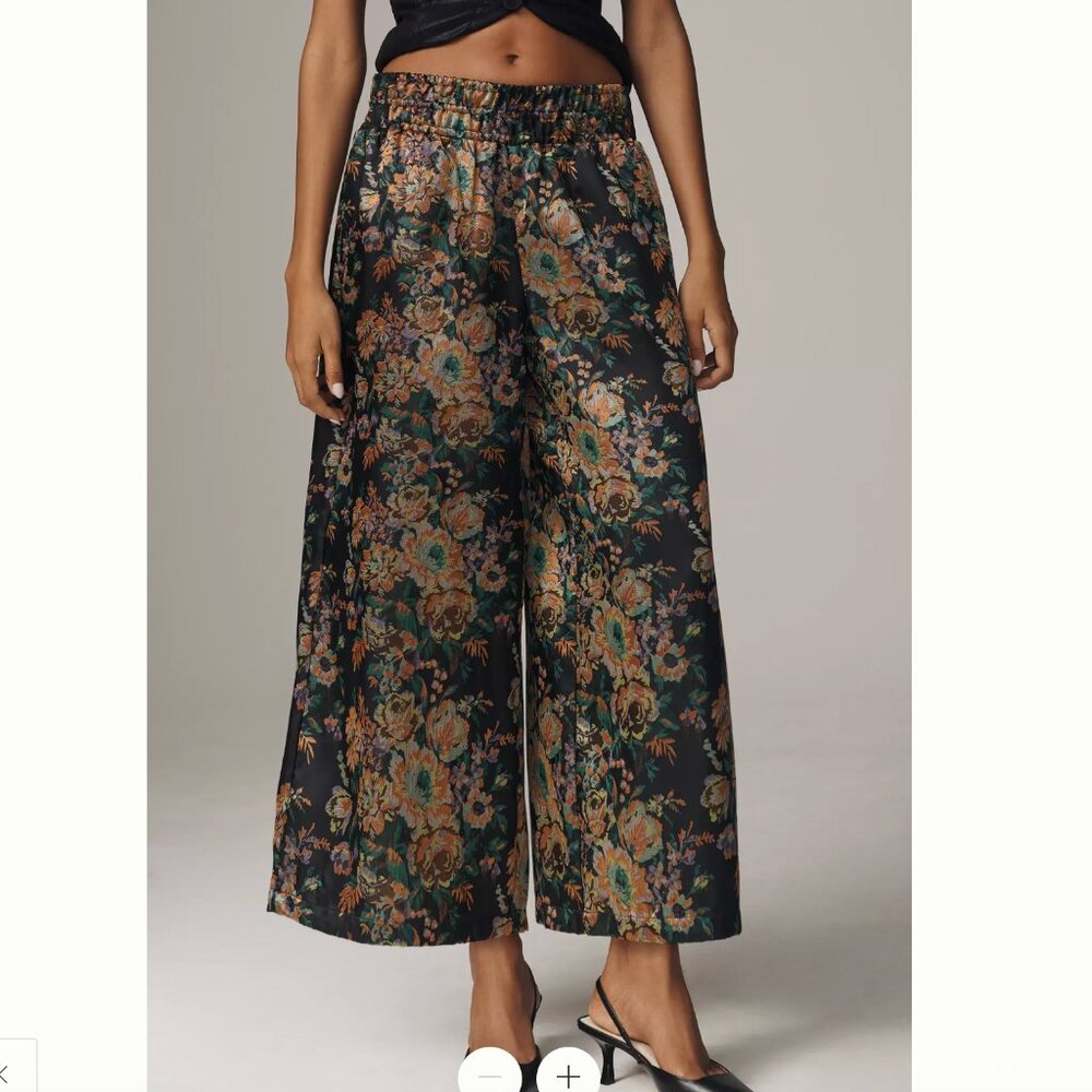 Anthropologie Black Floral Jacquard The Somerset Pull-On Wide Leg Cropped Pants